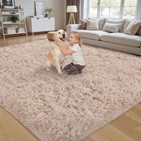 Xafir non-slip bottom beige fluffy rug supports safe placement on hard floors.