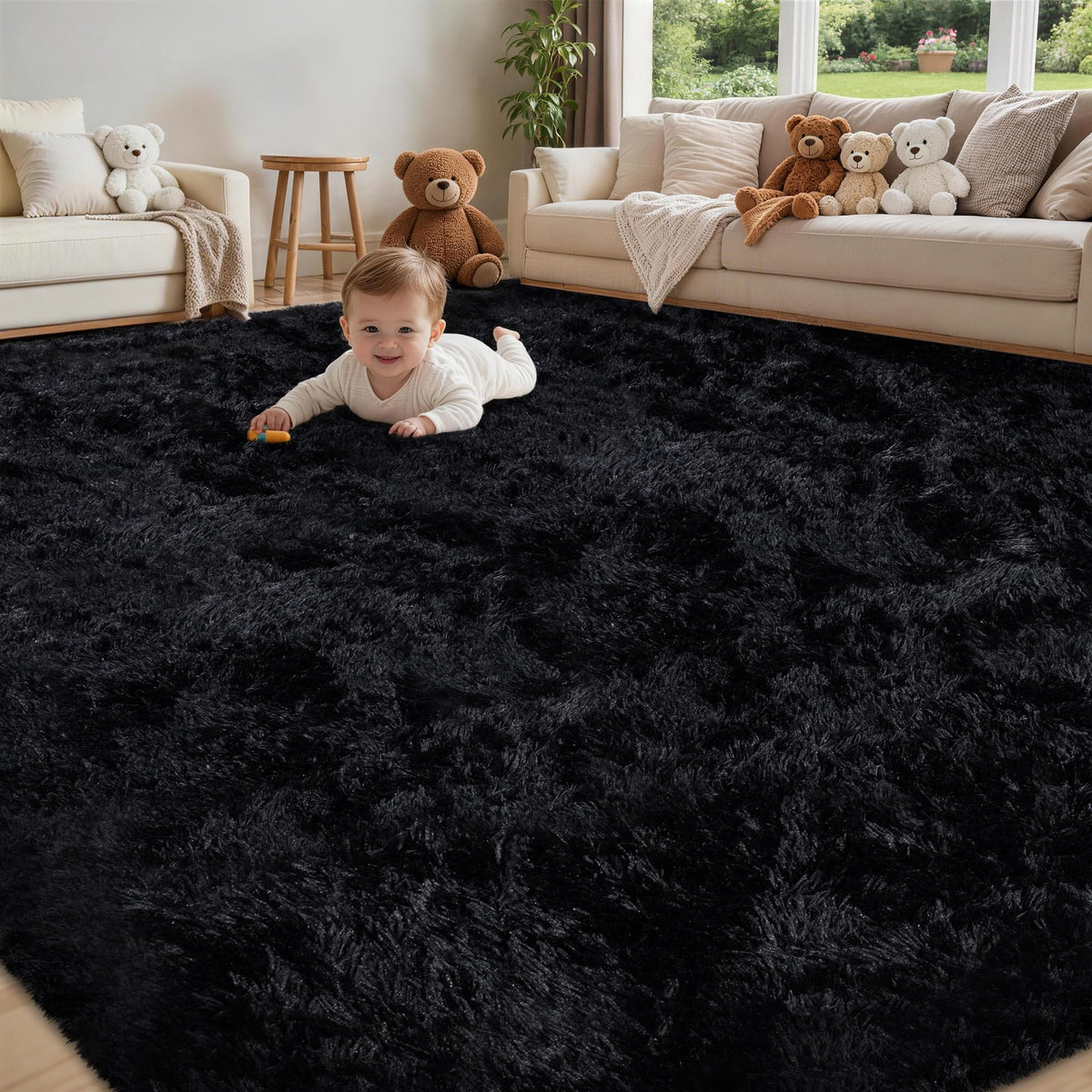 Xafir ultra soft fluffy shag black rug highlights plush texture for cozy feet