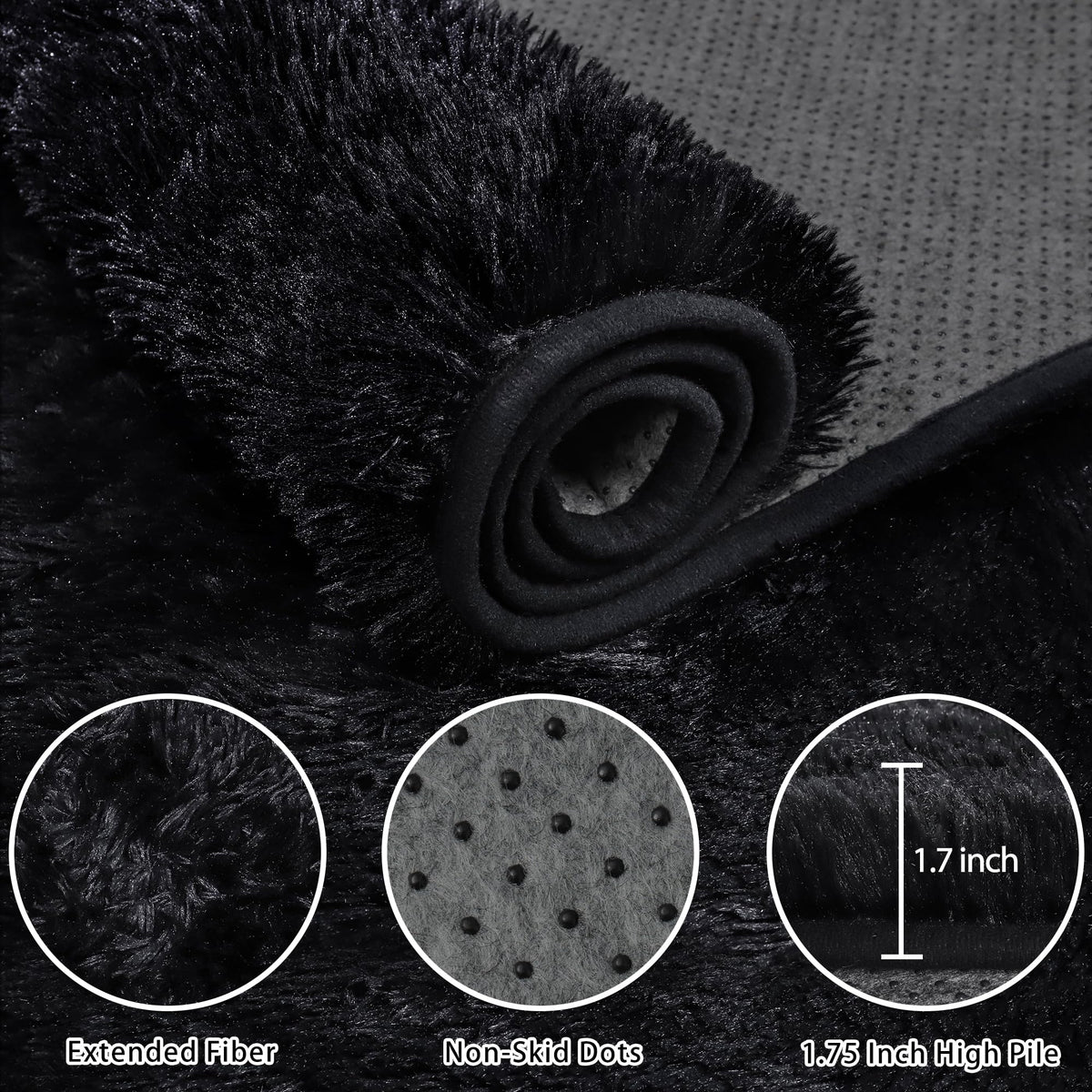 Xafir washable black fluffy rug simplifies weekly cleaning and maintenance.