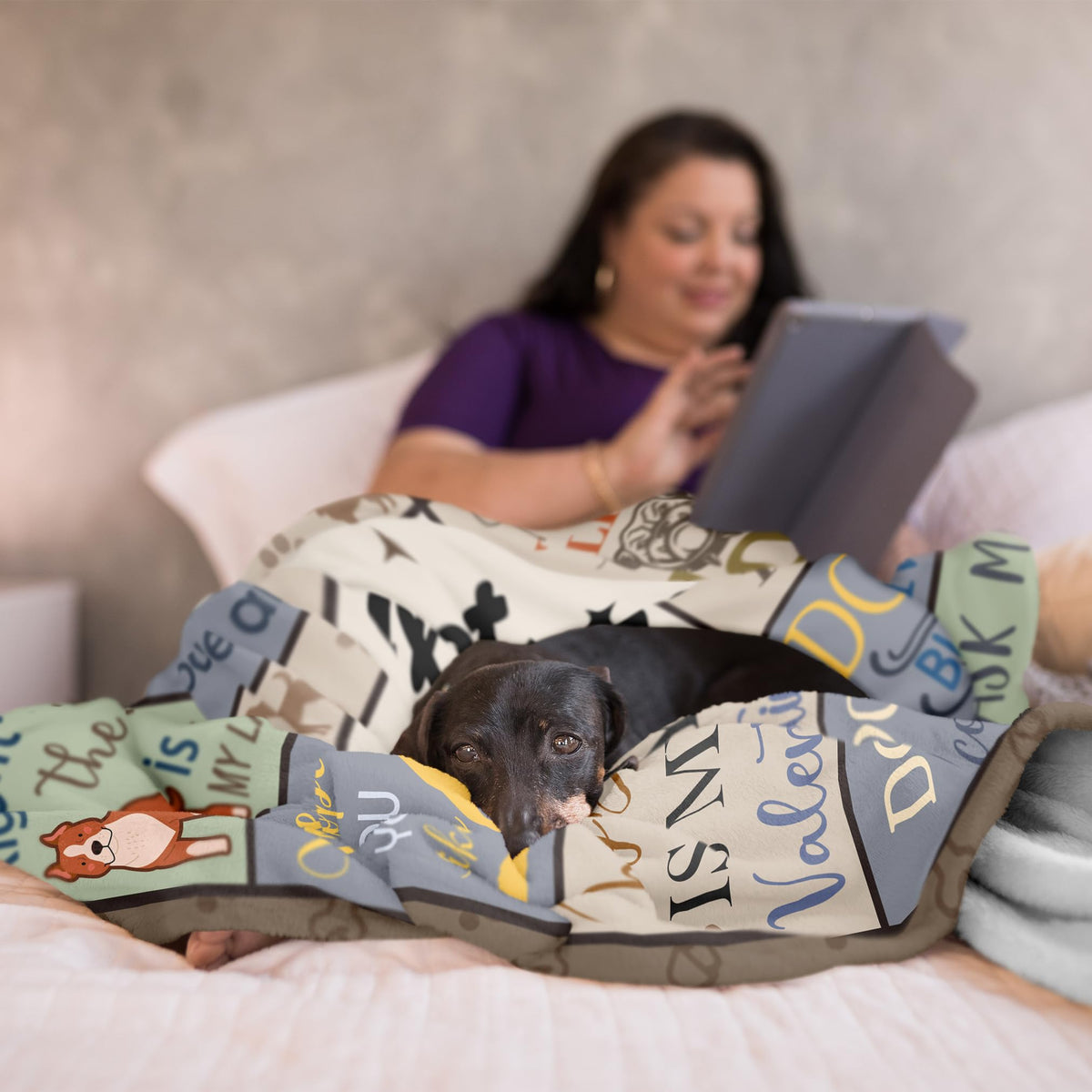 XALAZY dog mom blanket on couch for reading comfort