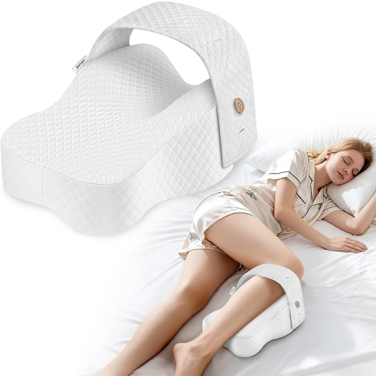 Xalugn Knee Pillow for side sleepers showing contour support for spine alignment