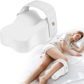 Xalugn Knee Pillow for side sleepers showing contour support for spine alignment