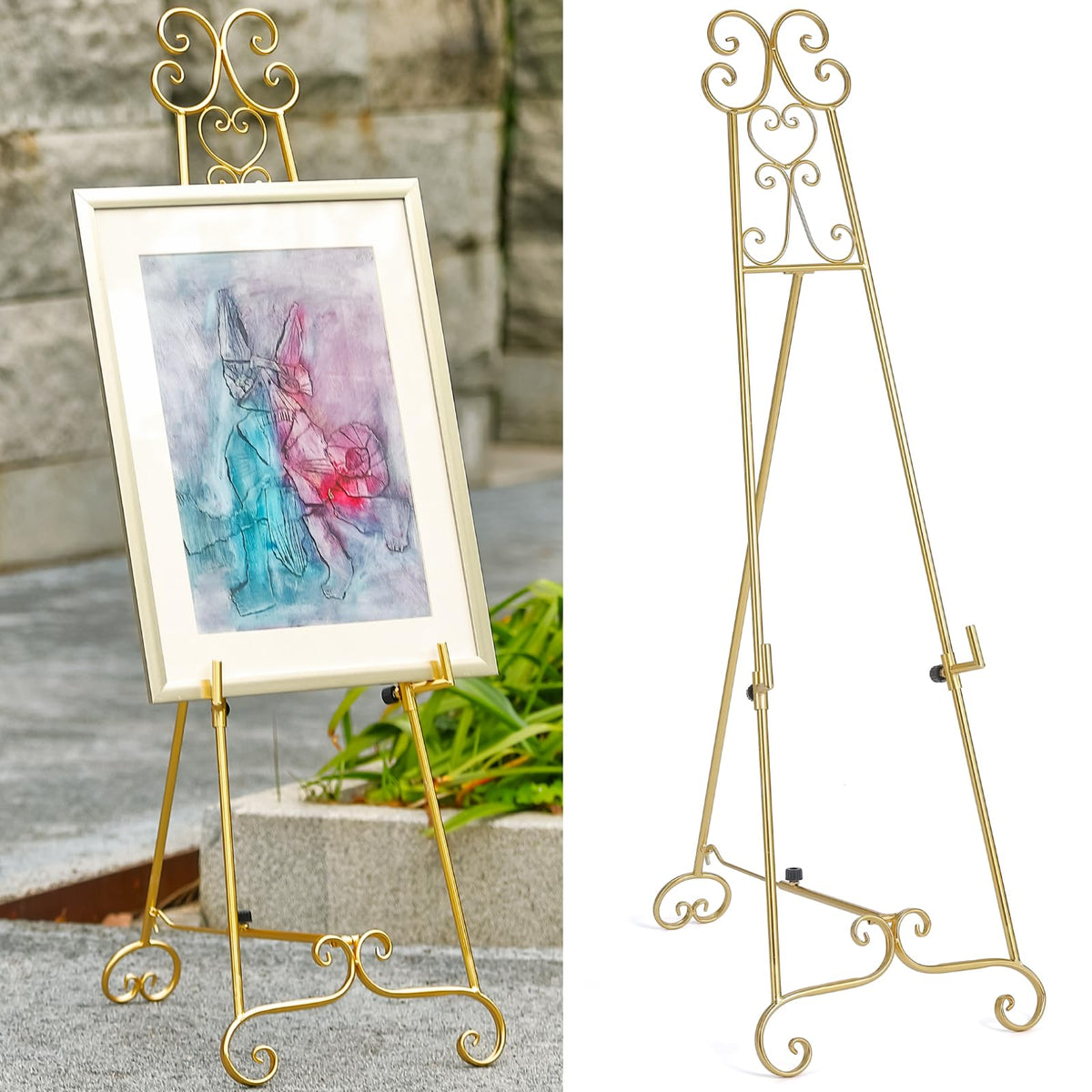 XAONIEN gold scroll easel front view ideal for elegant sign displays