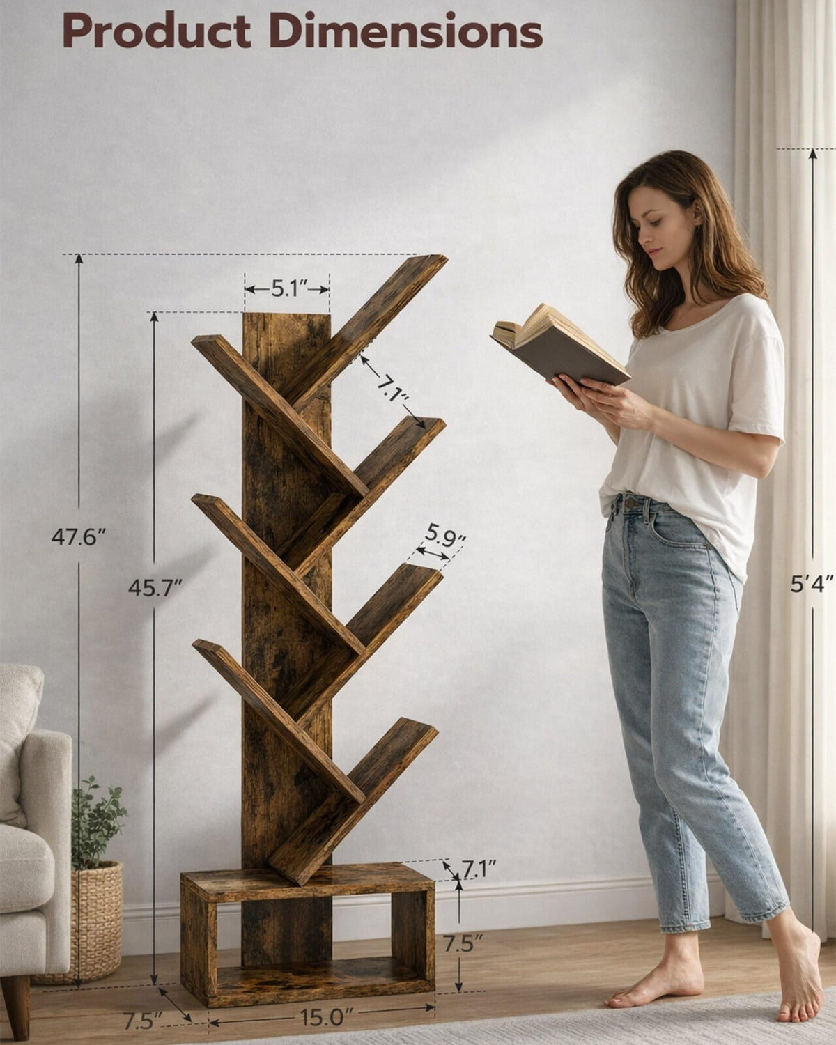 XBurmo living room display shelf with rustic brown finish for photos and decor