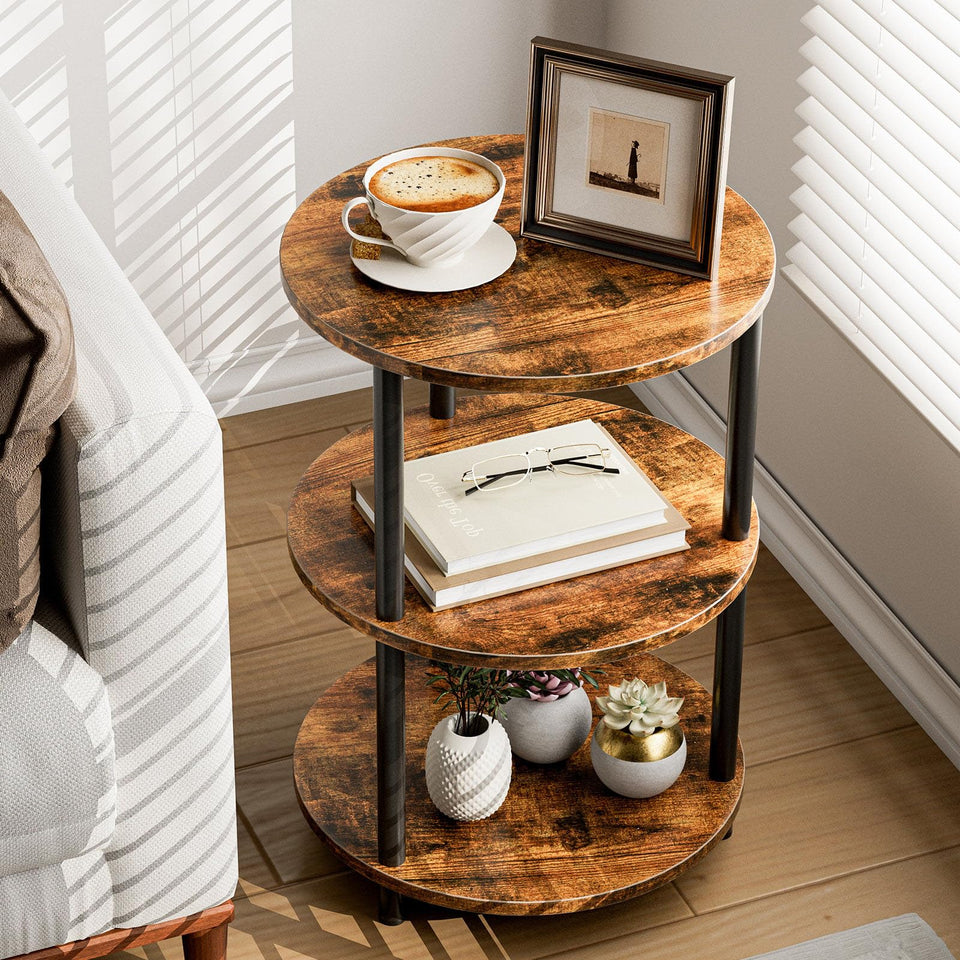 XBurmo small round coffee table top view showing three-tier storage for compact spaces