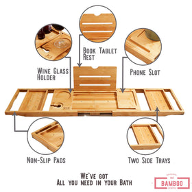 XcE bamboo bath caddy with non-slip pads protects tub surfaces