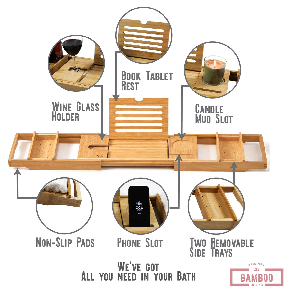 XcE Bamboo Bathtub Caddy book stand keeps reading hands‑free