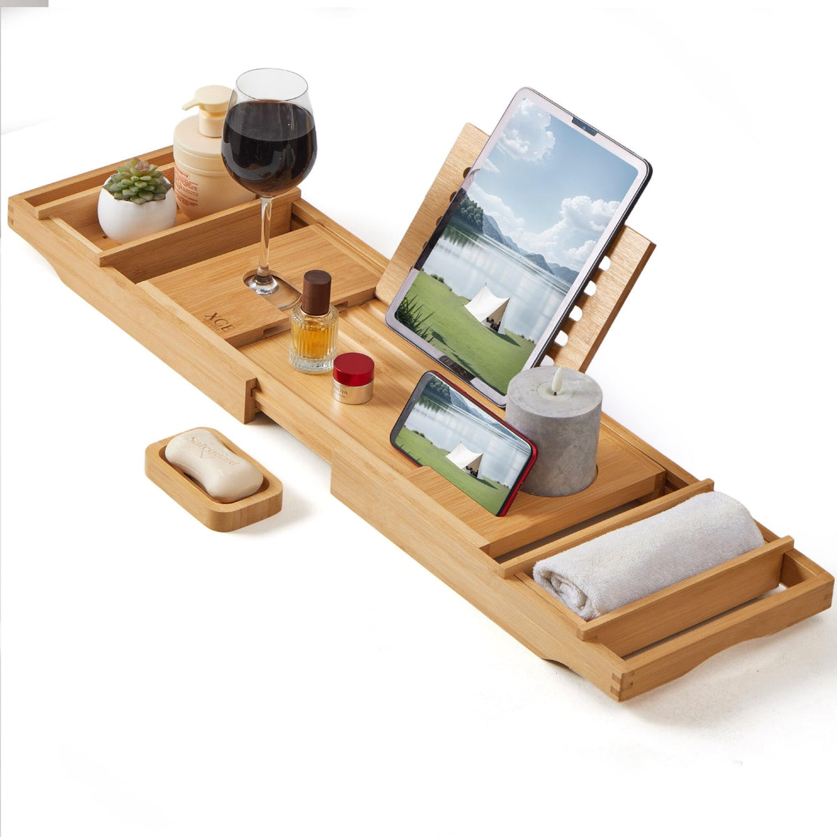 XcE Bamboo Bathtub Caddy extended fits 29 to 41 inches for wider tub compatibility