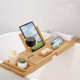 XcE Bamboo Bathtub Caddy natural bamboo finish blends with any bathroom