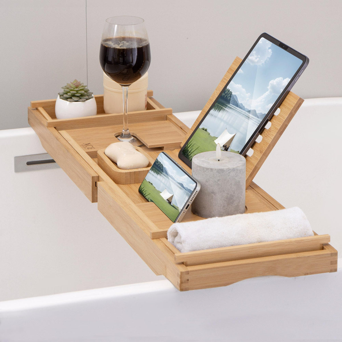 XcE Bamboo Bathtub Caddy phone slot keeps devices above water