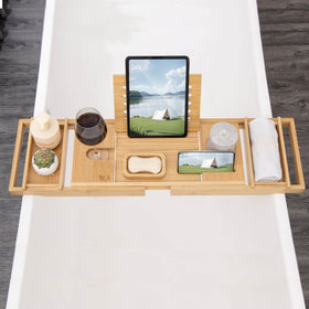 XcE Bamboo Bathtub Caddy removable soap dish keeps essentials accessible