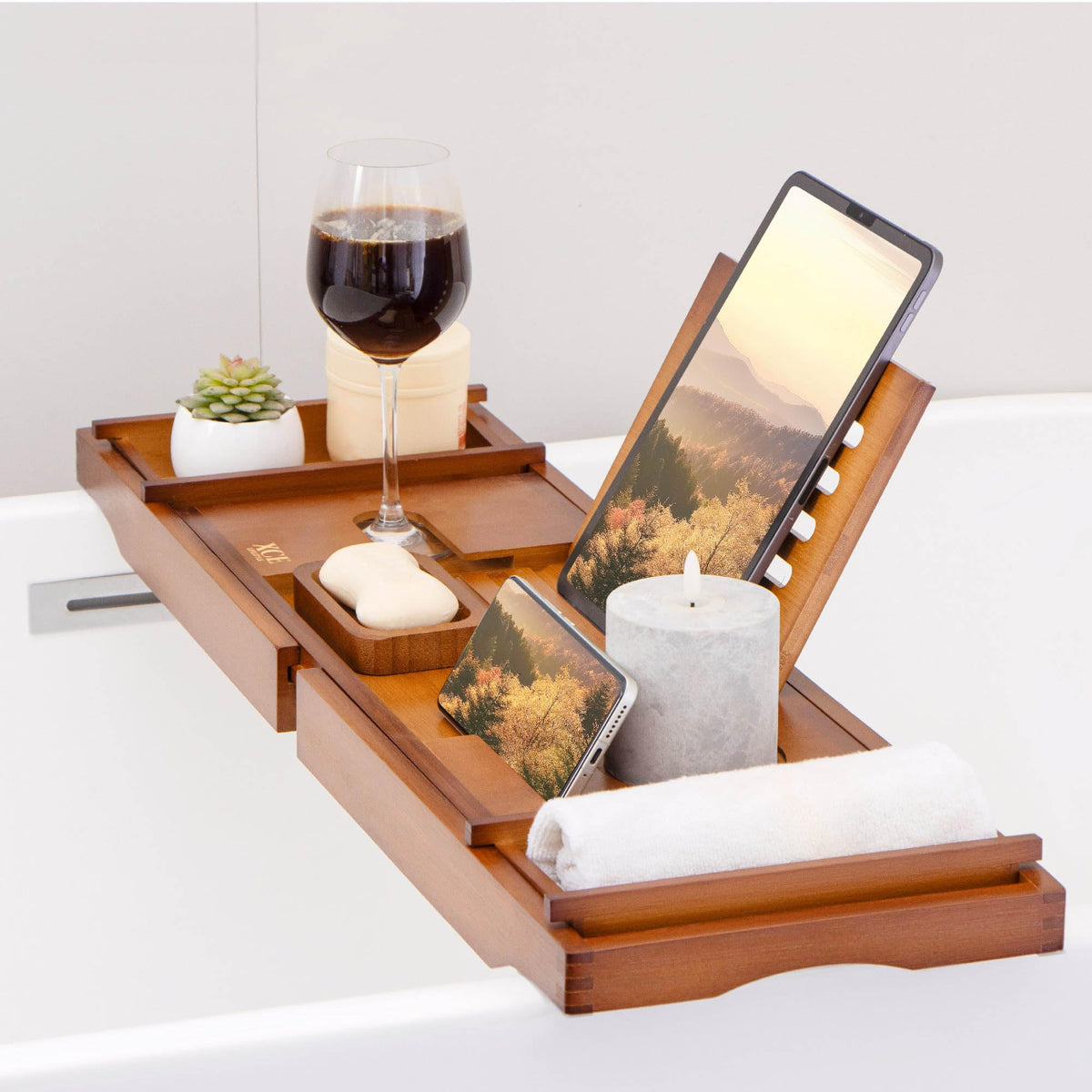 XcE bamboo caddy removable soap dish keeps soap at hand
