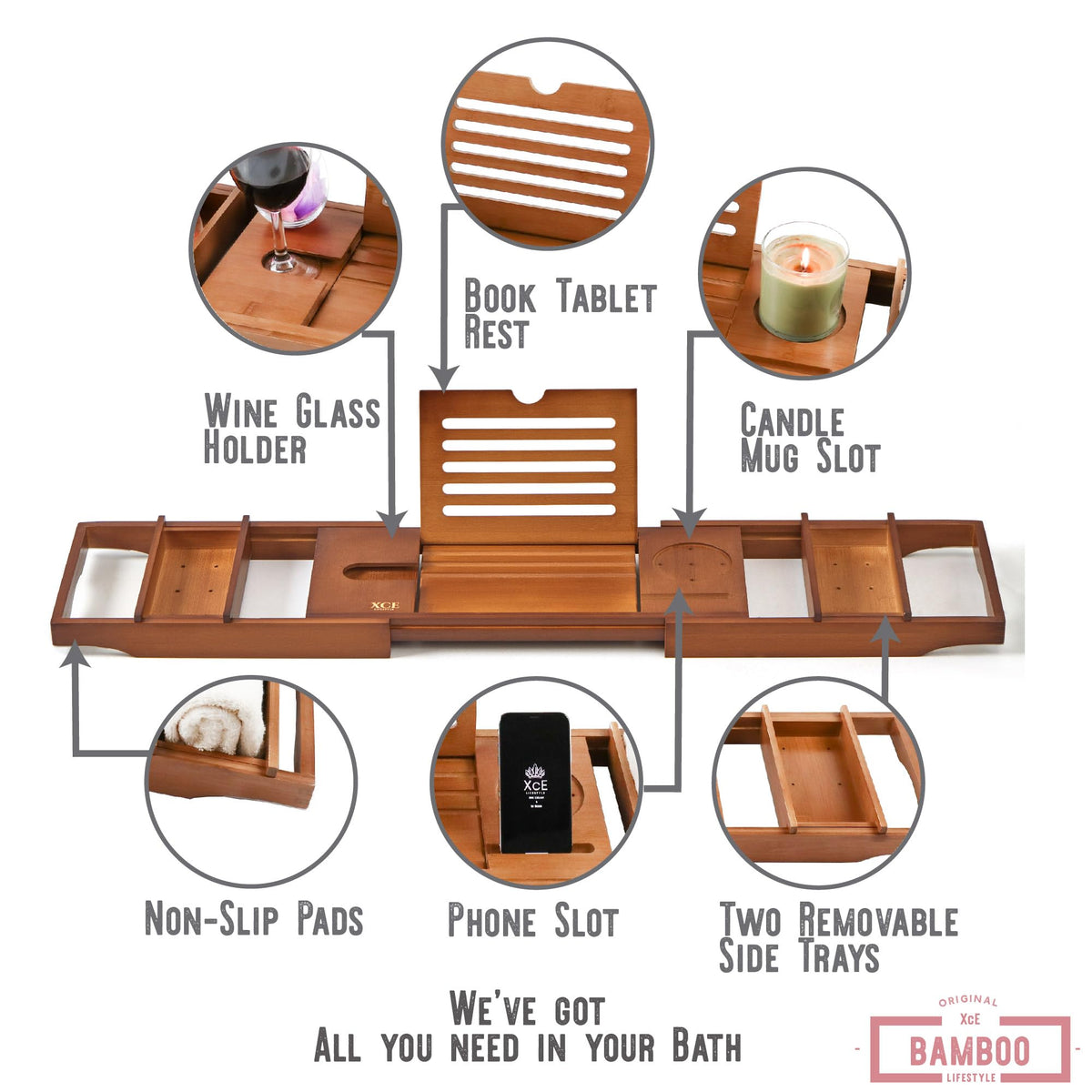 XcE caddy features wine glass holder for relaxed, hands-free sipping
