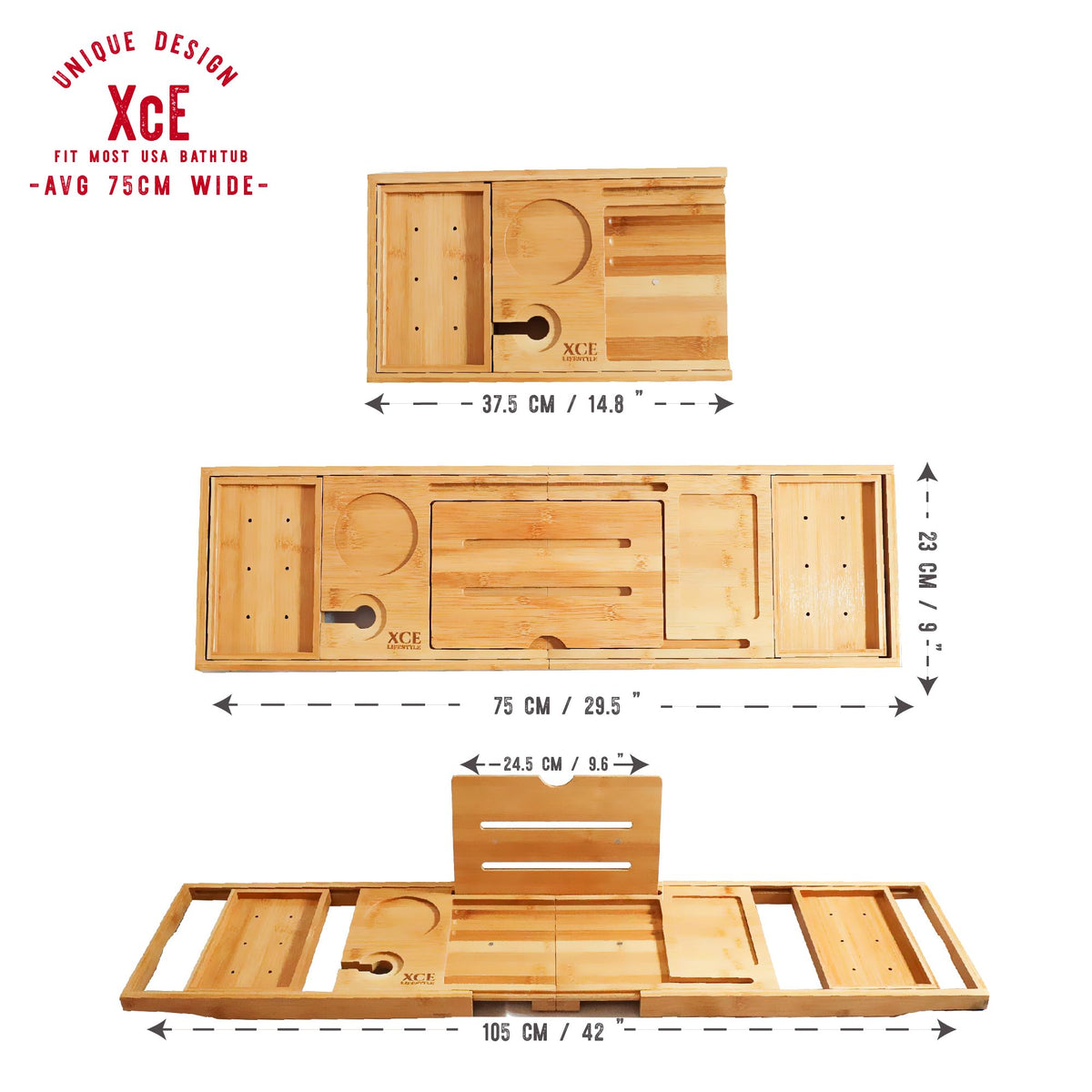 XcE bath caddy shows dual side trays for essentials