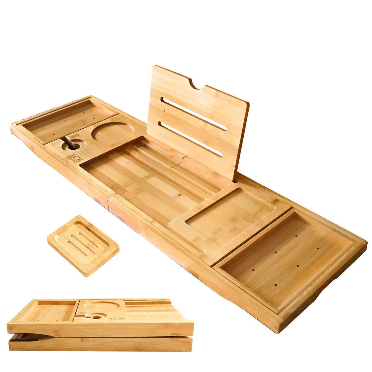 XcE foldable bamboo bathtub caddy extends to 41 inches for shared baths