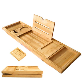 XcE foldable bamboo bathtub caddy extends to 41 inches for shared baths
