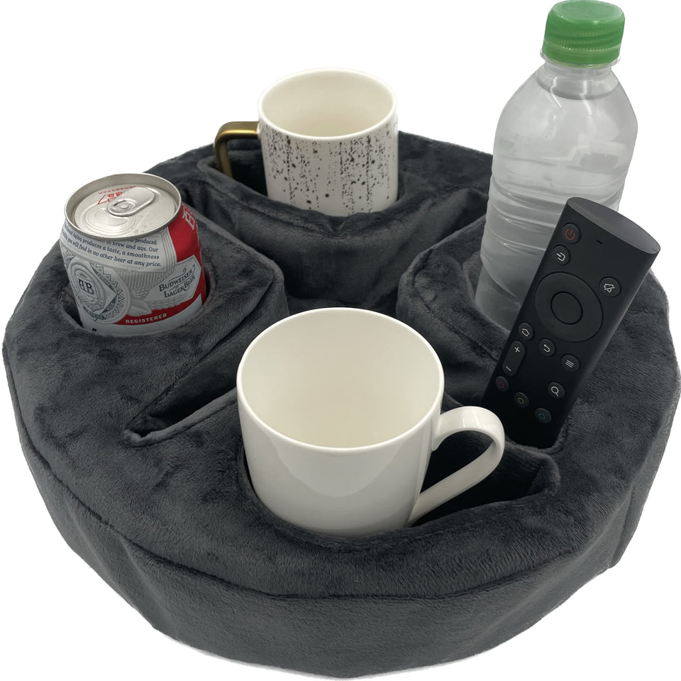 Xchouxer couch cup holder pillow front view keeps drinks secure and within arm's reach.