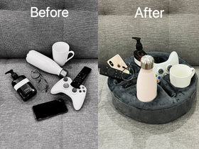 Xchouxer couch cup holder pillow tray compartments help keep snacks organized while relaxing.
