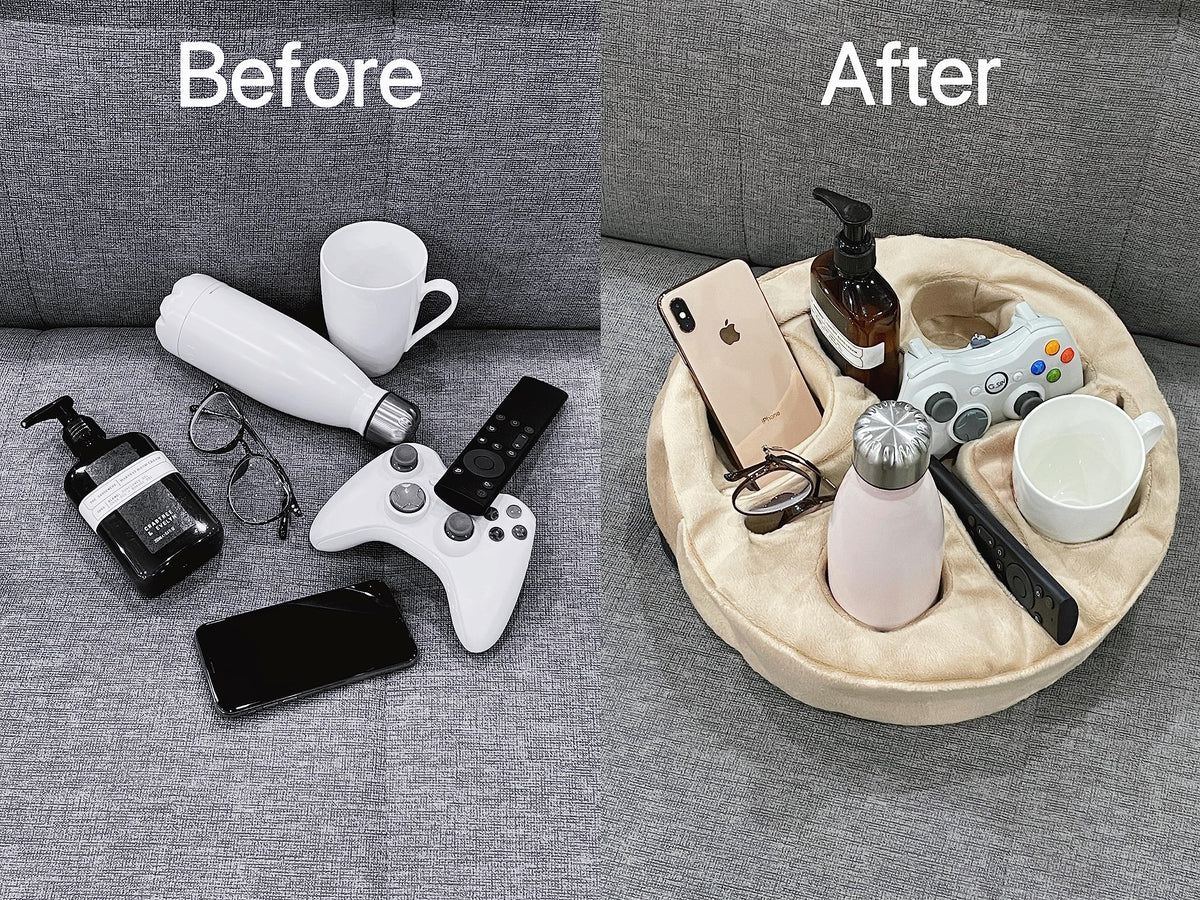 Xchouxer couch cup holder pillow tray organizes remotes, phones, and snacks.