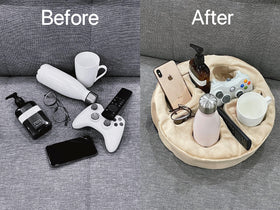 Xchouxer couch cup holder pillow tray organizes remotes, phones, and snacks.
