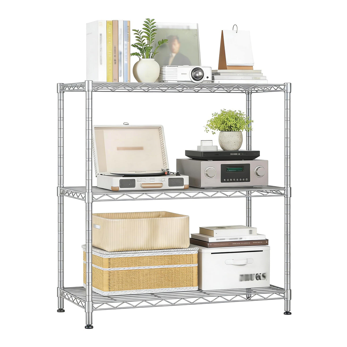 Xcity 3-tier shelving unit in assembly view for durable storage