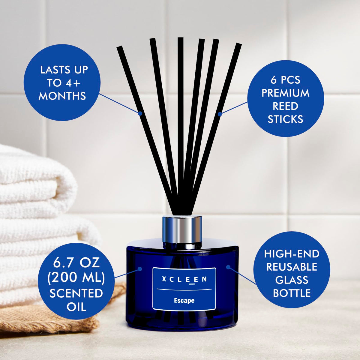 Xcleen Escape diffuser on a shelf complements modern bathroom decor