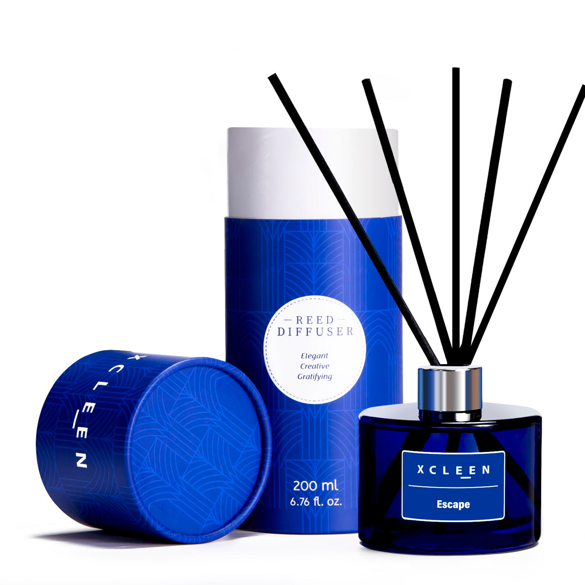 Xcleen Escape bottle in dark blue glass delivering a clean, long-lasting scent