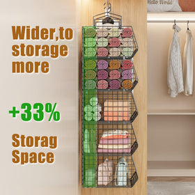 X-cosrack four-tier wire shelves providing sturdy closet storage for clothes