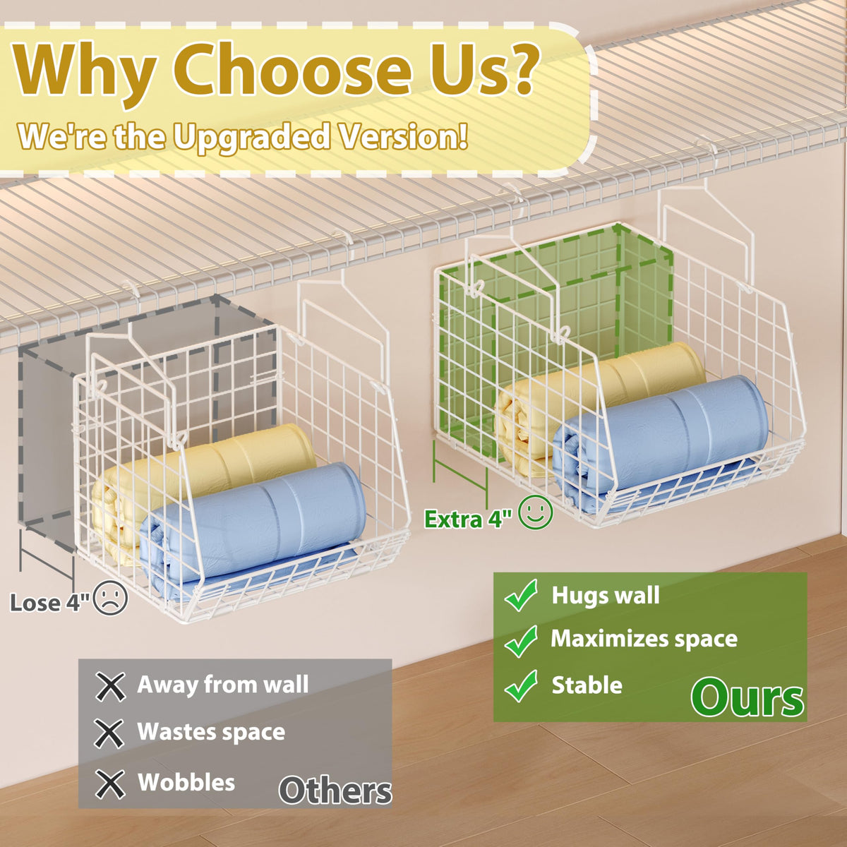 X-cosrack stackable metal bins keep contents visible and accessible.