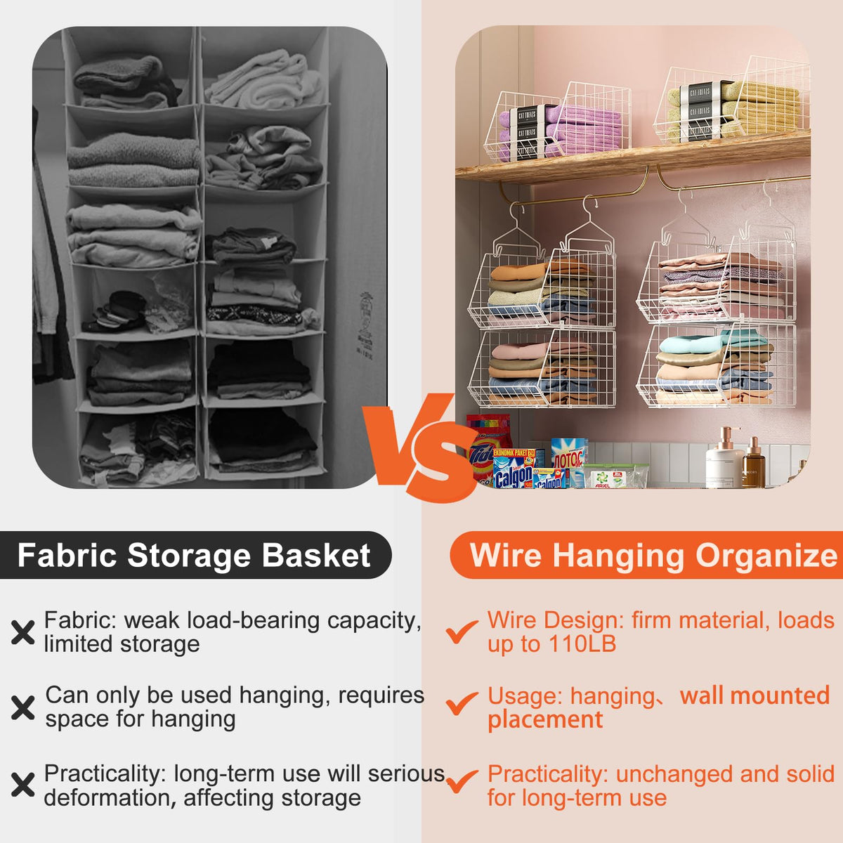 X-cosrack wire storage baskets offer clear visibility for everyday essentials.