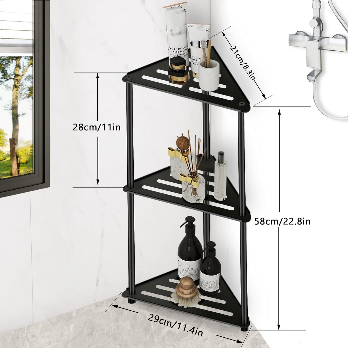 XEENEW black finish modern shower caddy adds contemporary style and resilience.