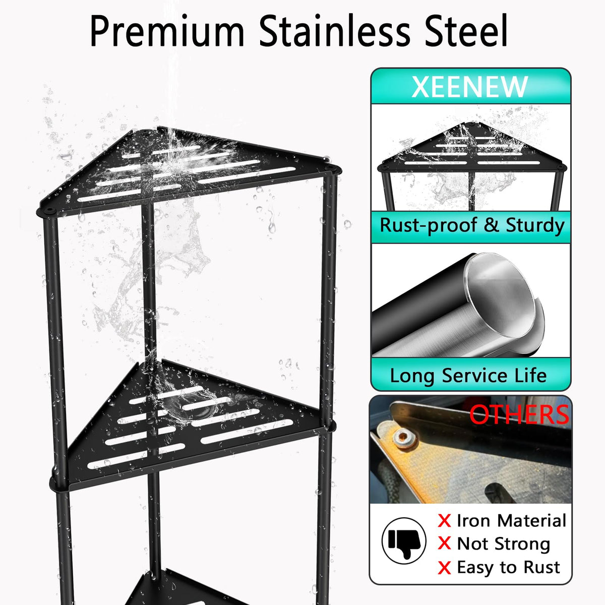 XEENEW stainless steel shower organizer stand designed for durability in damp bathrooms.