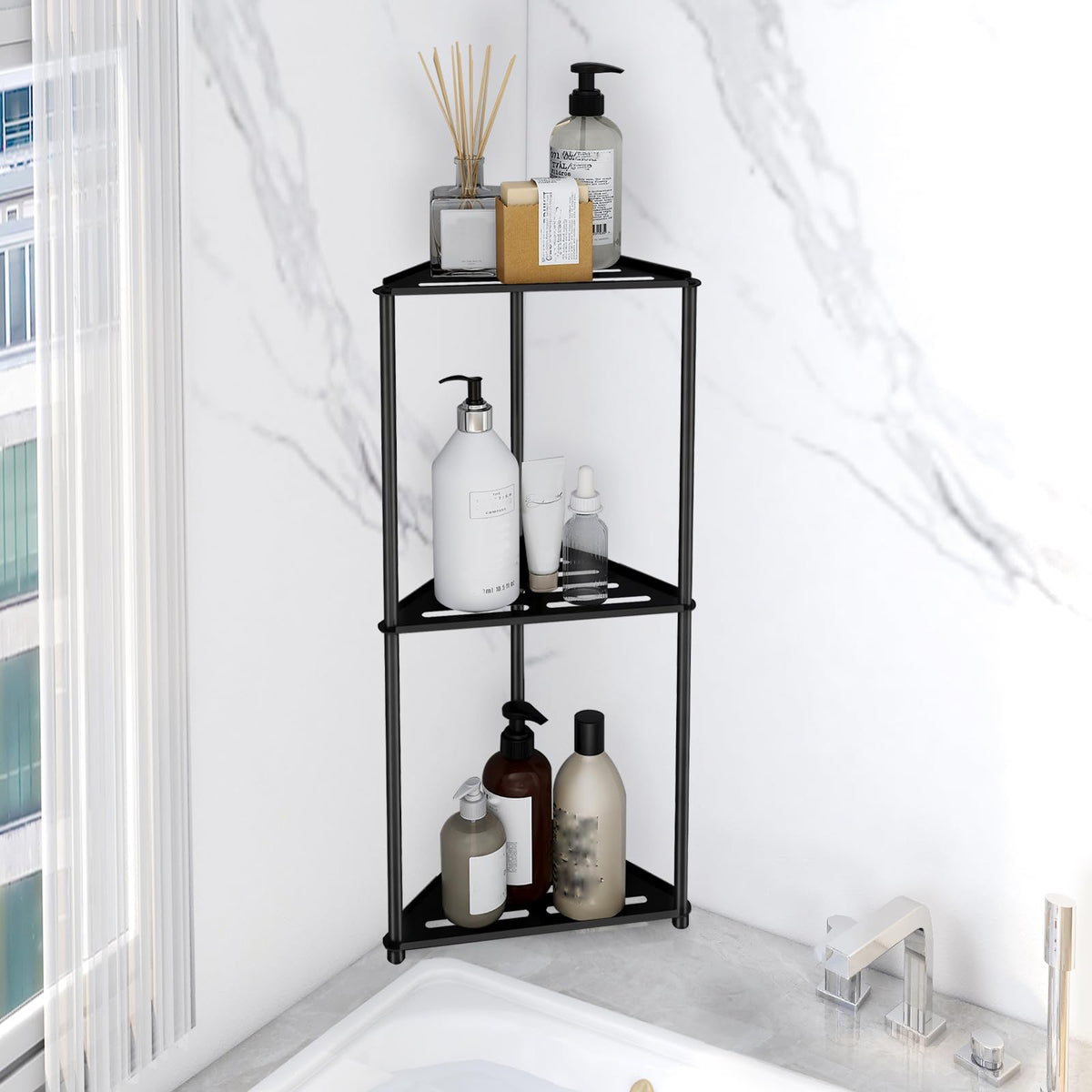 XEENEW standing shower caddy corner with 3 tiers to organize bath products and keep dry.