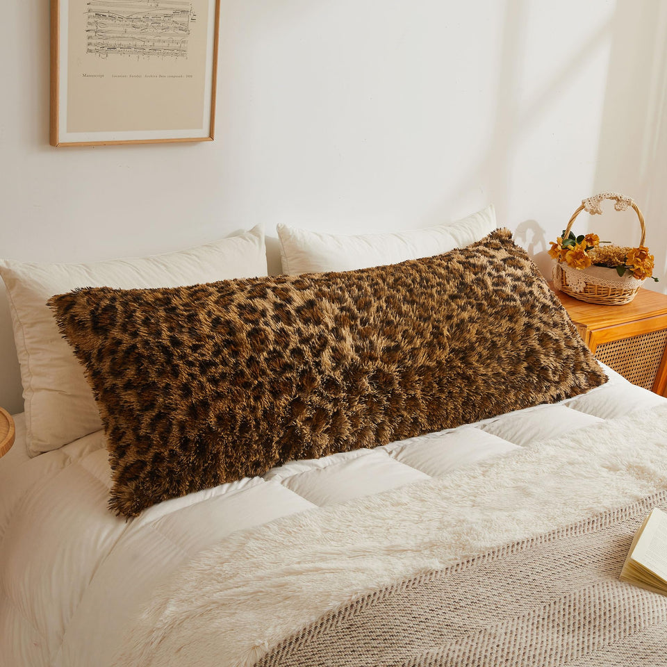 XeGe leopard-print fluffy body pillow cover with plush fur for cozy lounging.