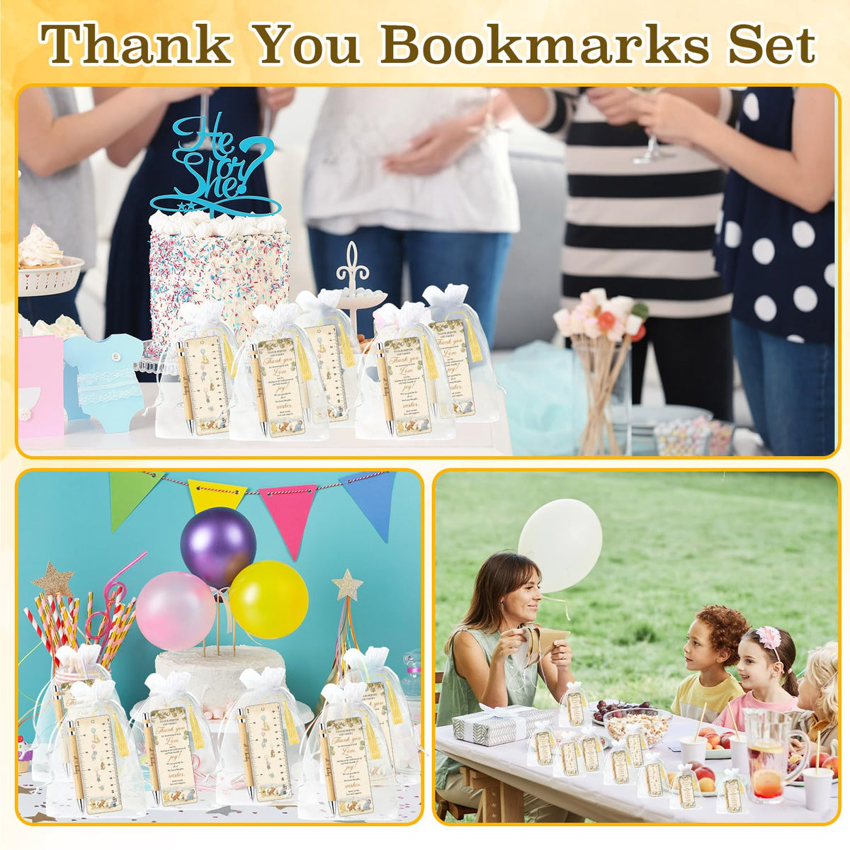 Organza bags and Winnie-themed items arranged for a polished party display.