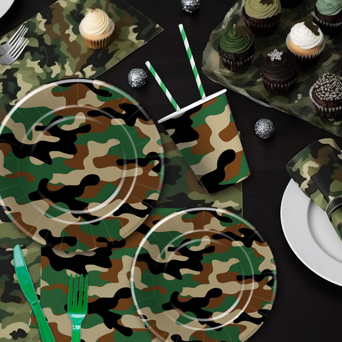 Xenorik camouflage cups provide sturdy drinkware for outdoor military-themed gatherings.
