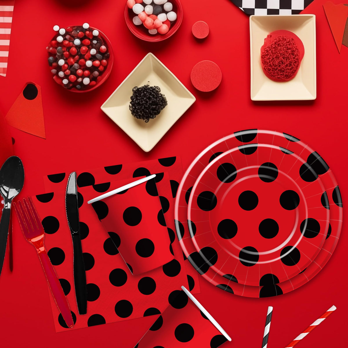 Xenorik Ladybug party decorations setup shows a cohesive layout