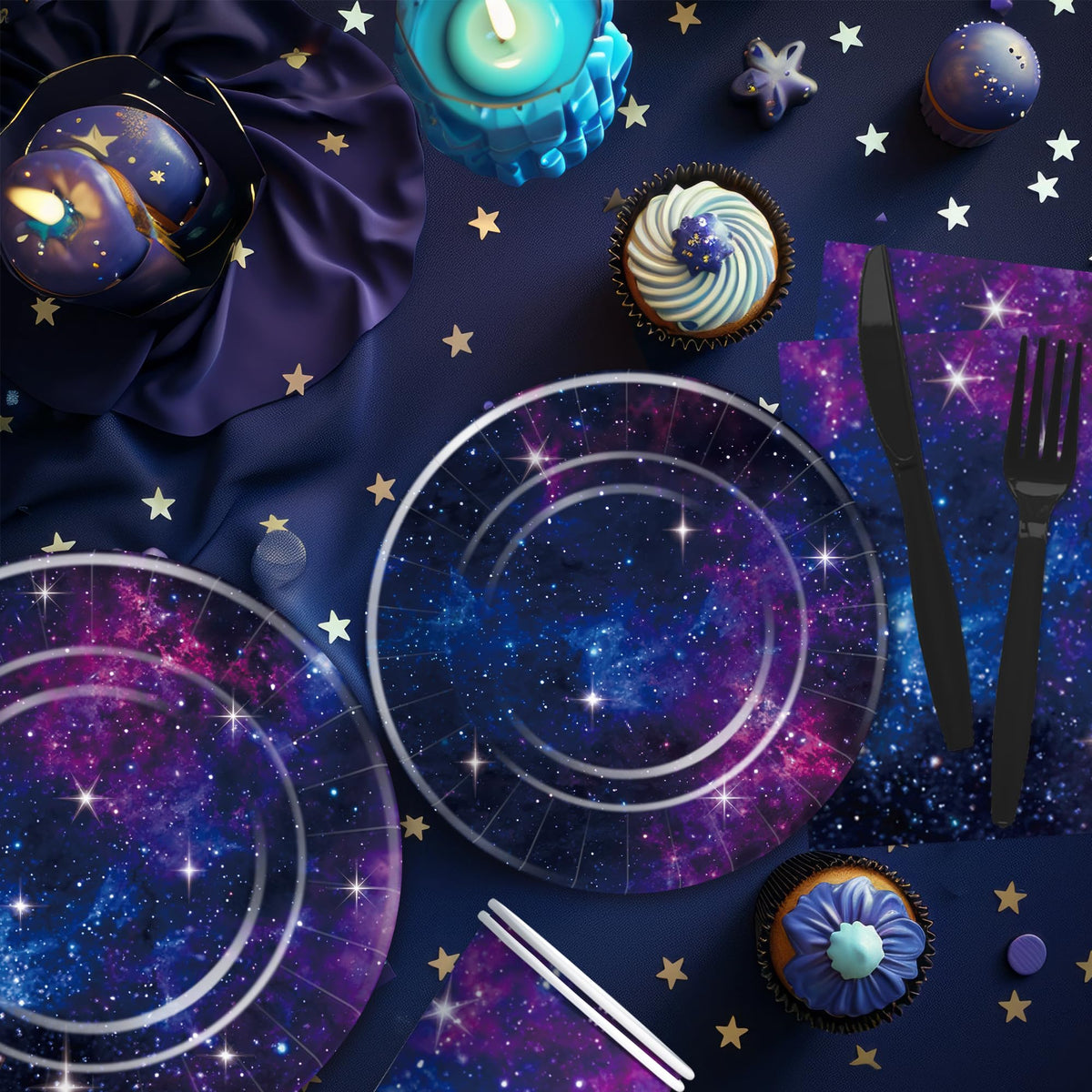 Xenorik Space Galaxy Tablecloths provide a cohesive backdrop for cosmic dining.