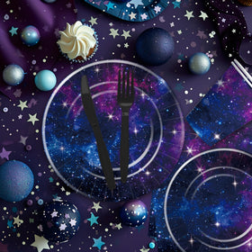 Xenorik Space Galaxy Tableware on Table shows a coordinated cosmic dining scene.