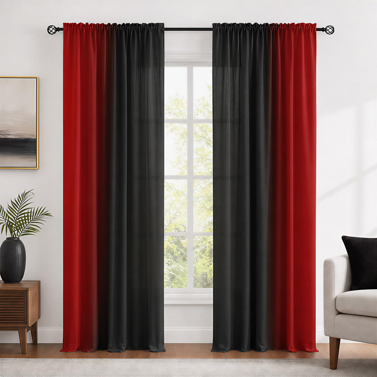 XFLINGBAO red and black ombre curtains as a bold living room focal point