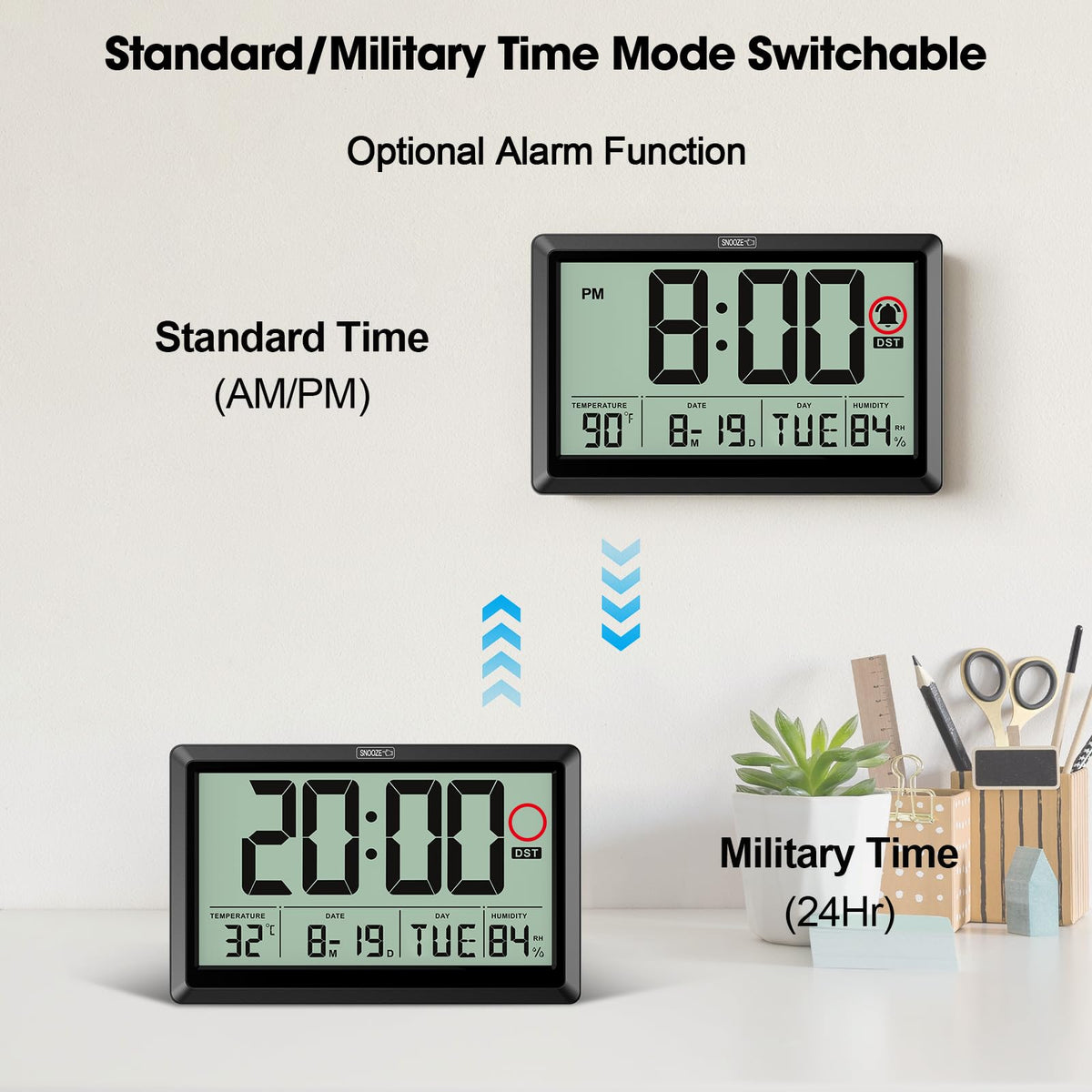 Supports 12/24-hour formats with automatic DST for clarity.
