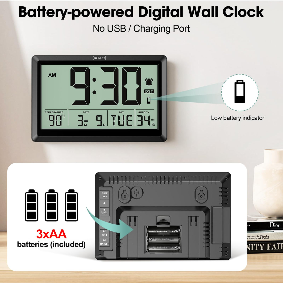Alarm with touch snooze button enables quick wake-ups.