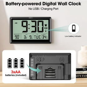 Alarm with touch snooze button enables quick wake-ups.