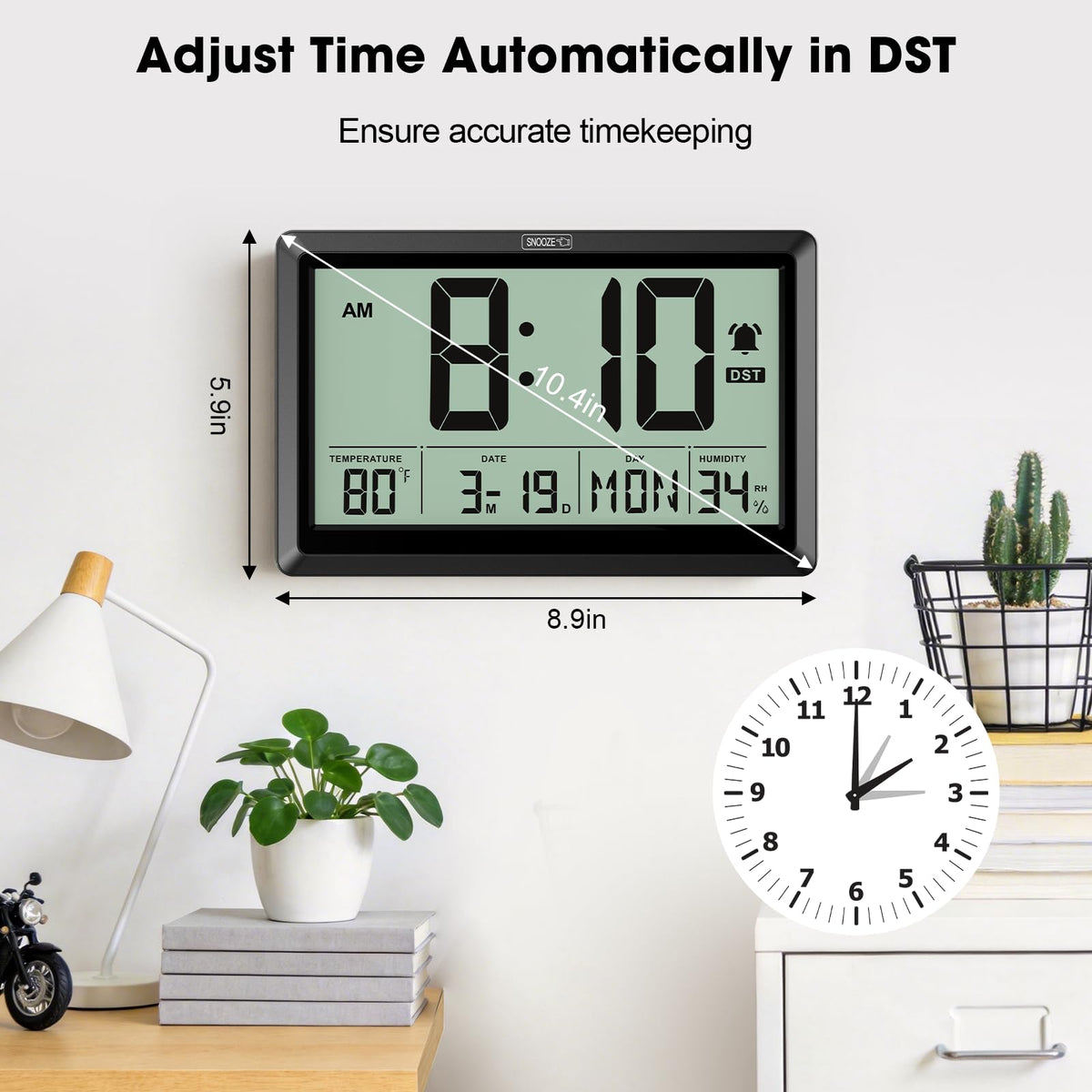 Xflyee digital clock shows date, temperature, and humidity for quick room awareness.
