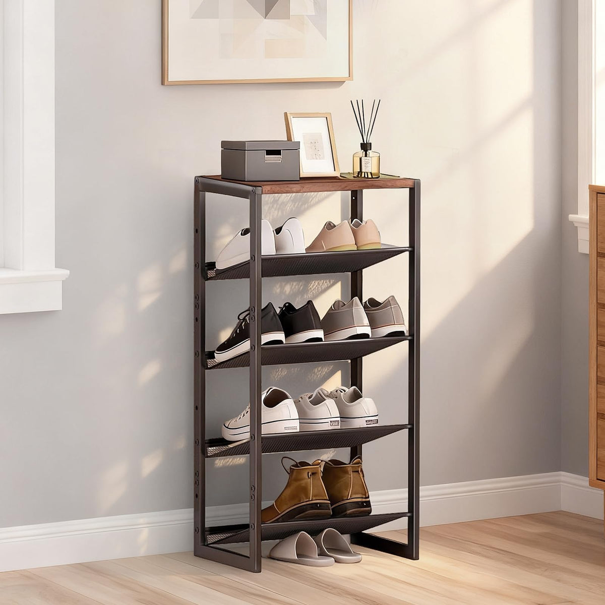 Xiacare 5-tier shoe rack side profile highlights compact footprint ideal for narrow hallways