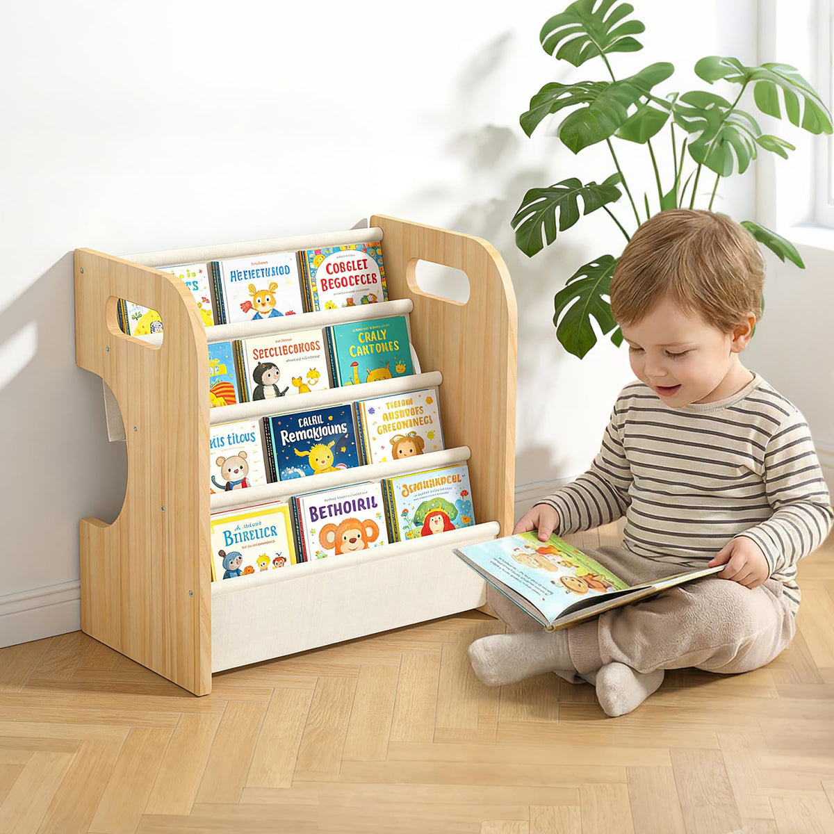 XiaZ Bookshelf front view shows sturdy pine frame for kid-friendly storage