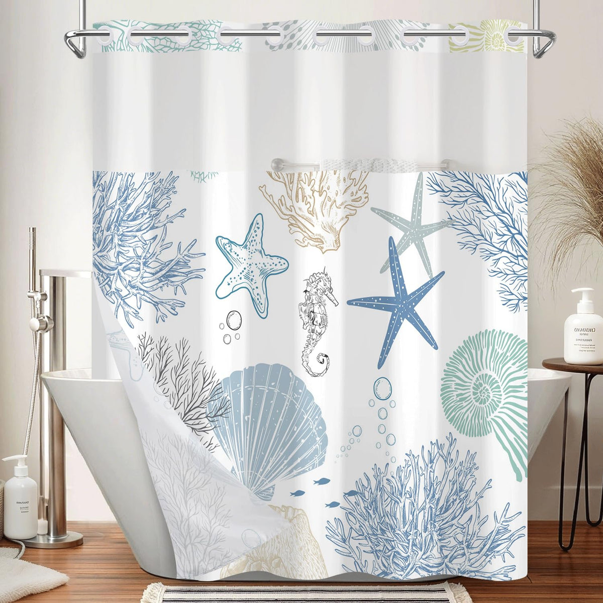 Xiazhilaio seashells, starfish, and coral curtain adds private coastal style to your shower.