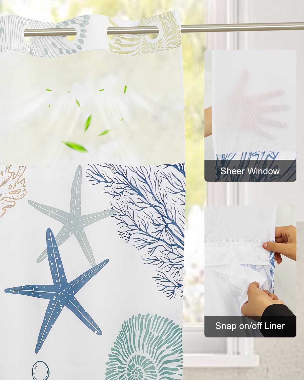 Xiazhilaio starfish and coral curtain enhances seaside bathroom décor and mood.