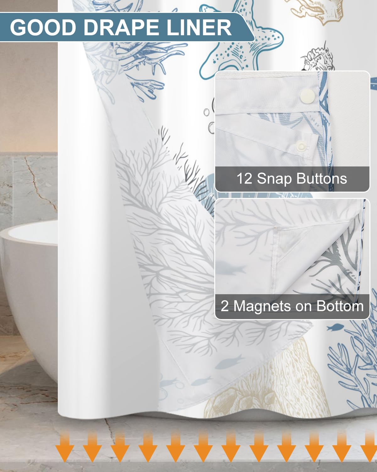 Xiazhilaio ocean life print curtain provides bright, private shower space.