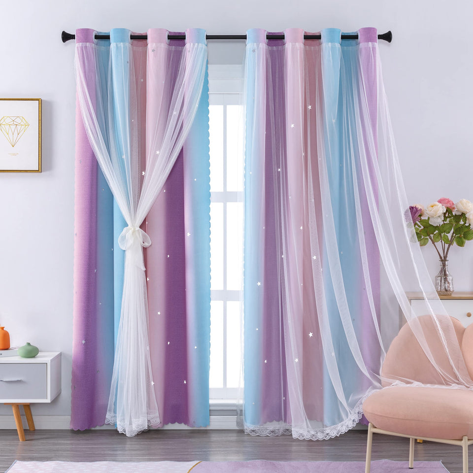 XiDi blackout curtains with unicorn rainbow ombre in a girls room for cozy sleep
